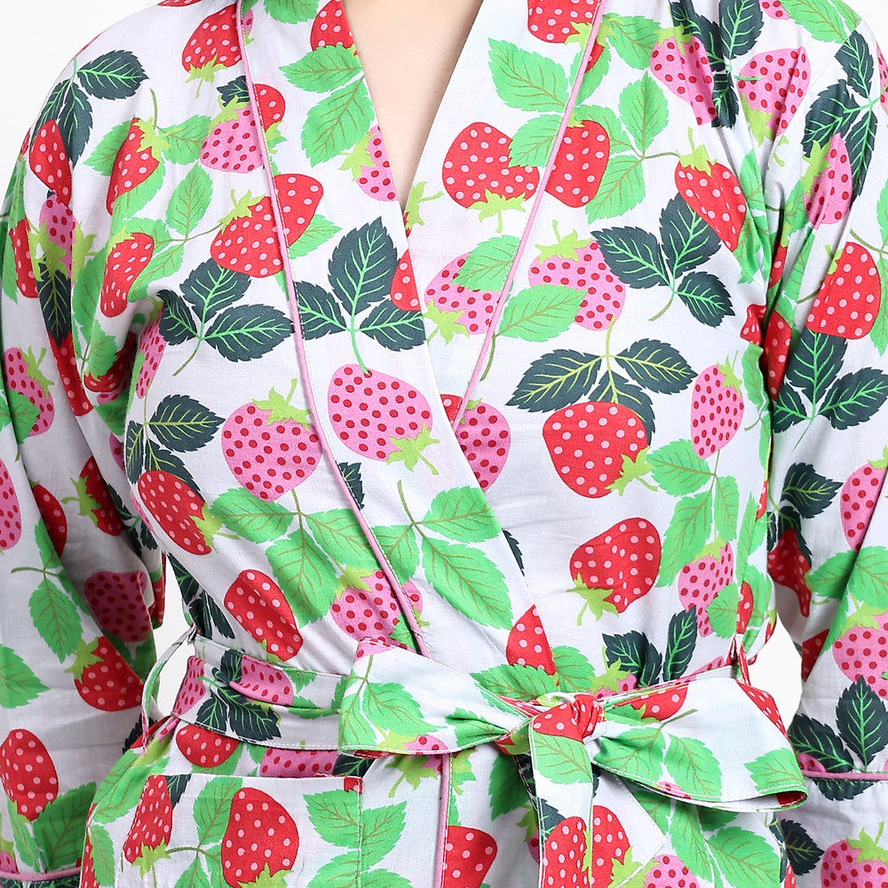 Women’s cherry print kimono robe with front tie for fit