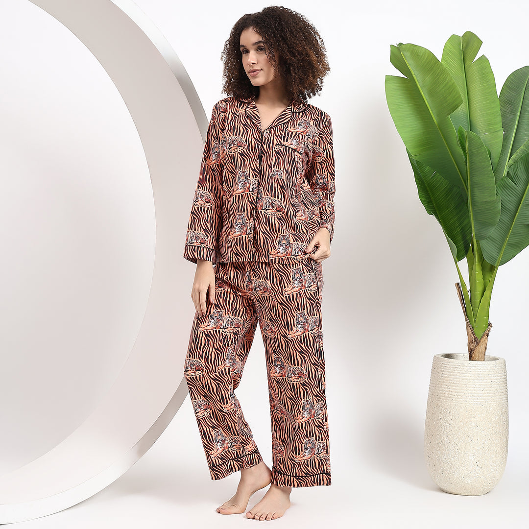 Peach-colored sleepwear with a fierce tiger pattern for a bold vibe