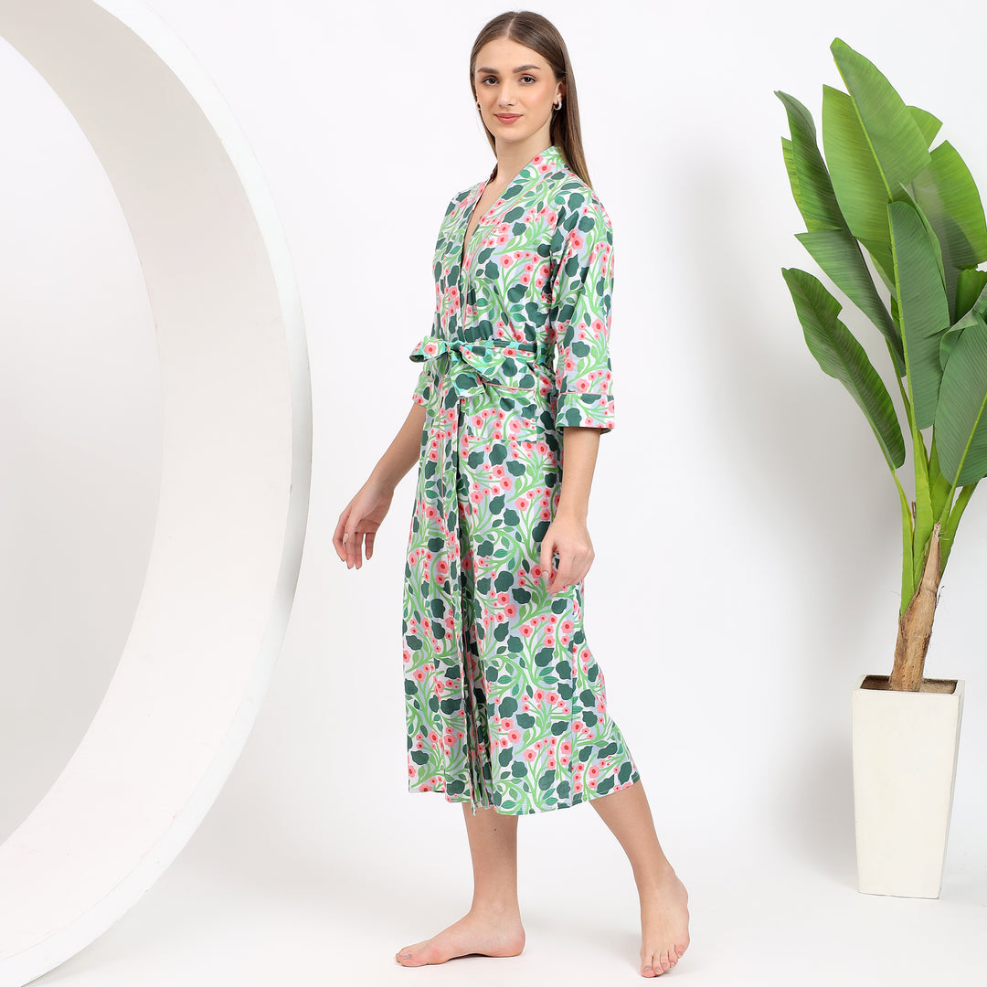Women’s dressing gown – floral cotton block print kimono