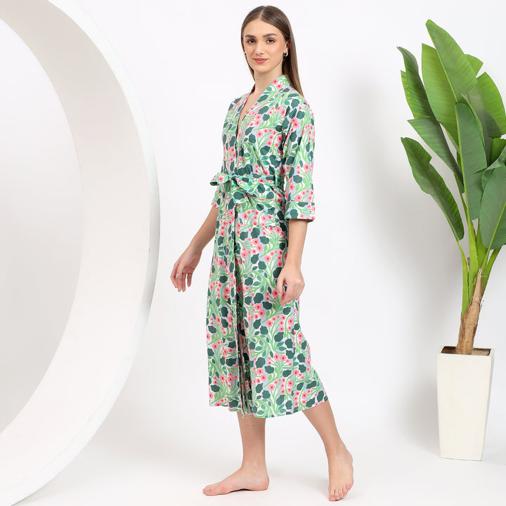 Women’s dressing gown – floral cotton block print kimono