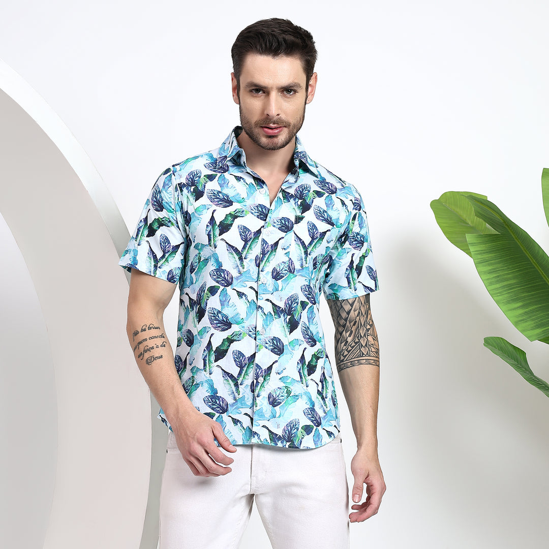 Men's classic fit shirt featuring a vibrant floral print in shades of blue and white