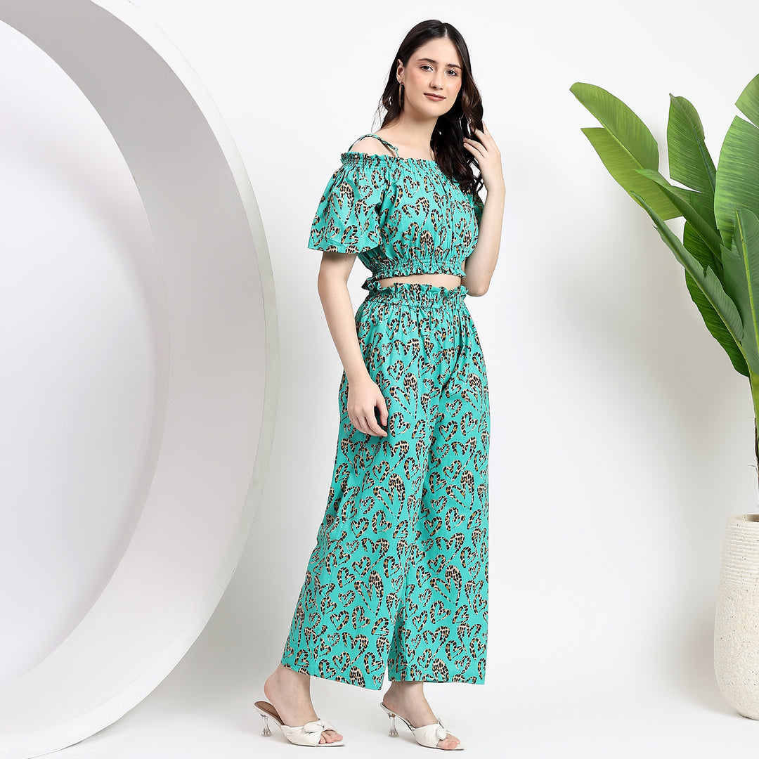 Full-body shot of off-shoulder top and wide-leg pants set, chic and casual