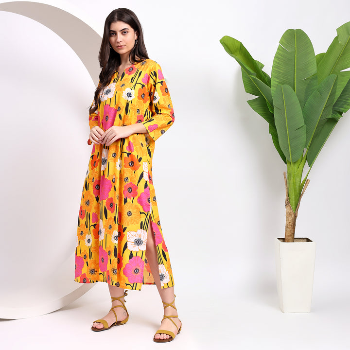 Yellow Blooms: Floral Midi Dress with Flirty Side Cuts