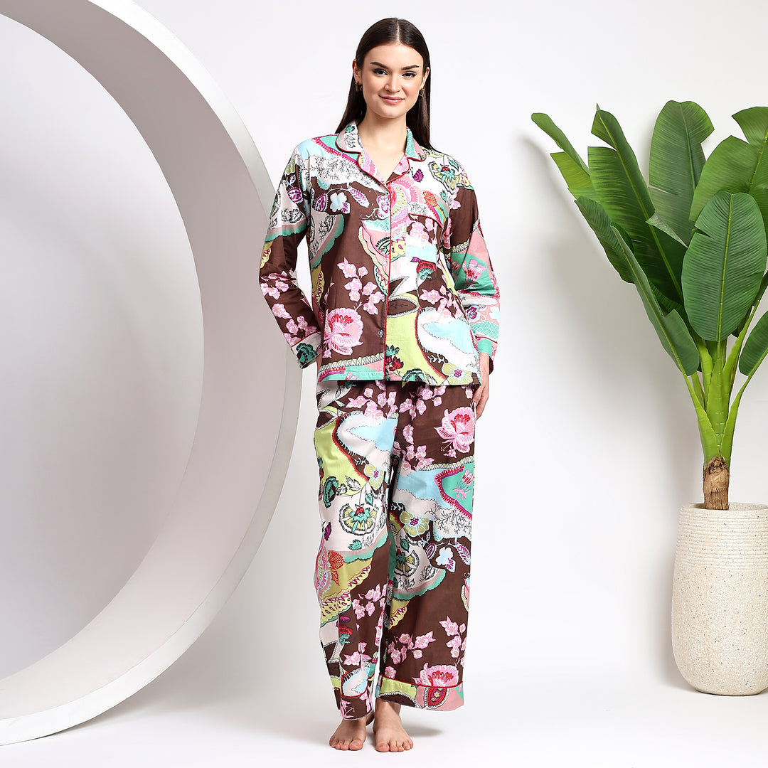 Women’s cotton pajama set – floral block print matching PJs