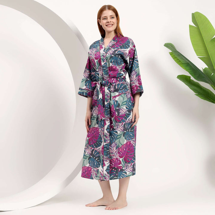 Tropical leaf print kimono robe for women plus size beach relaxed