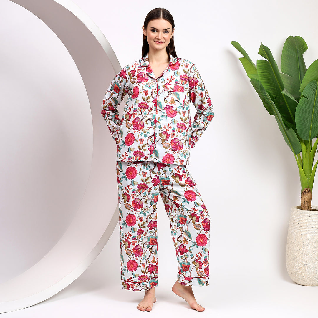 Women’s cotton pajama set – floral block print sleepwear