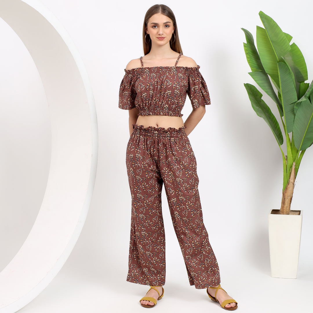 Modern off-shoulder crop top with wide-leg pants