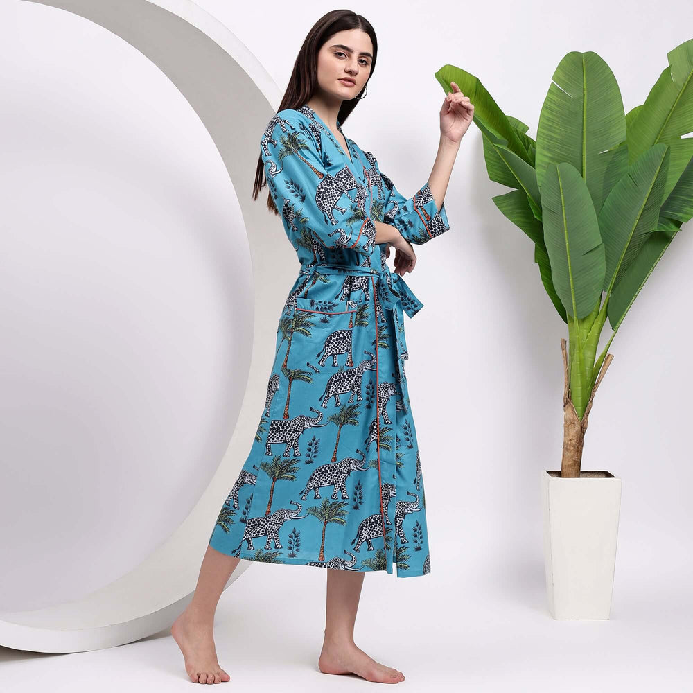 Hand block print cotton kimono – animal print robe for women