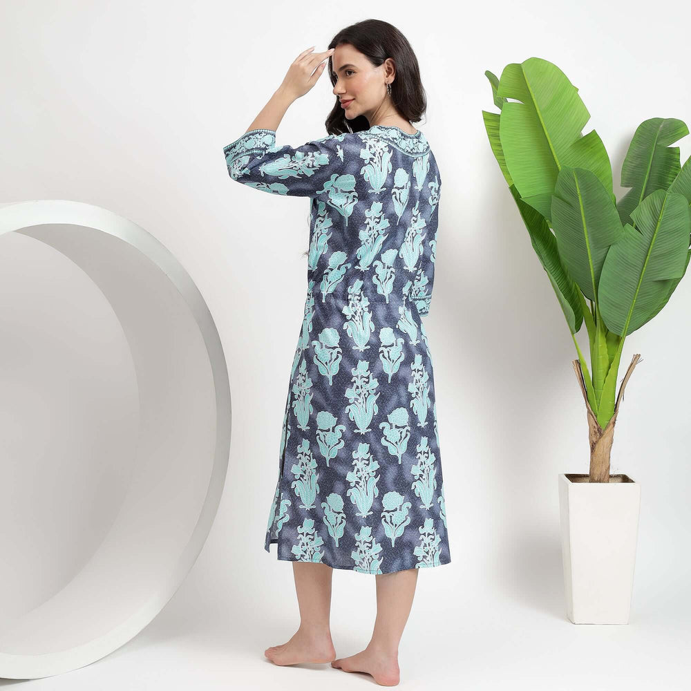 Floral block print cotton robe for women – handcrafted kimono-style dressing gown with breathable fabric