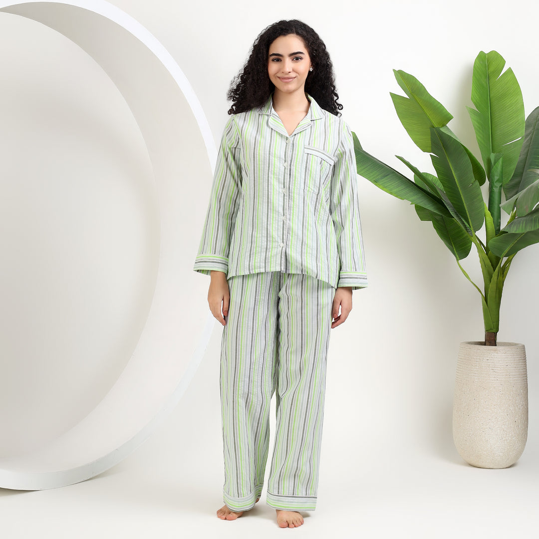 womens family matching cotton striped pajamas featuring a woman wearing lightweight striped sleepwear