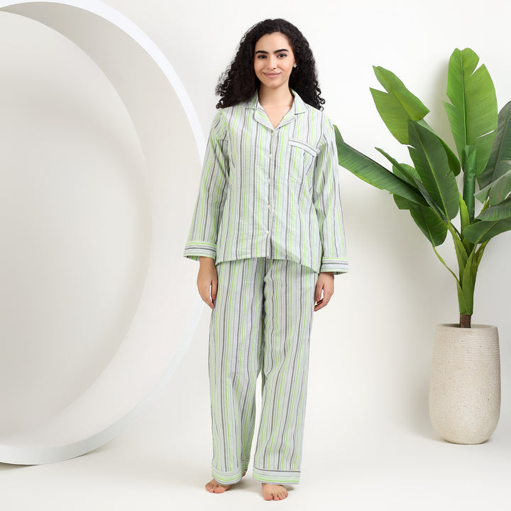 womens family matching cotton striped pajamas featuring a woman wearing lightweight striped sleepwear