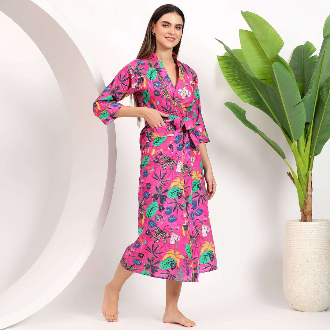 Tropical Print Cotton Bathrobe – Long Kimono Dressing Gown XXL / Aqua