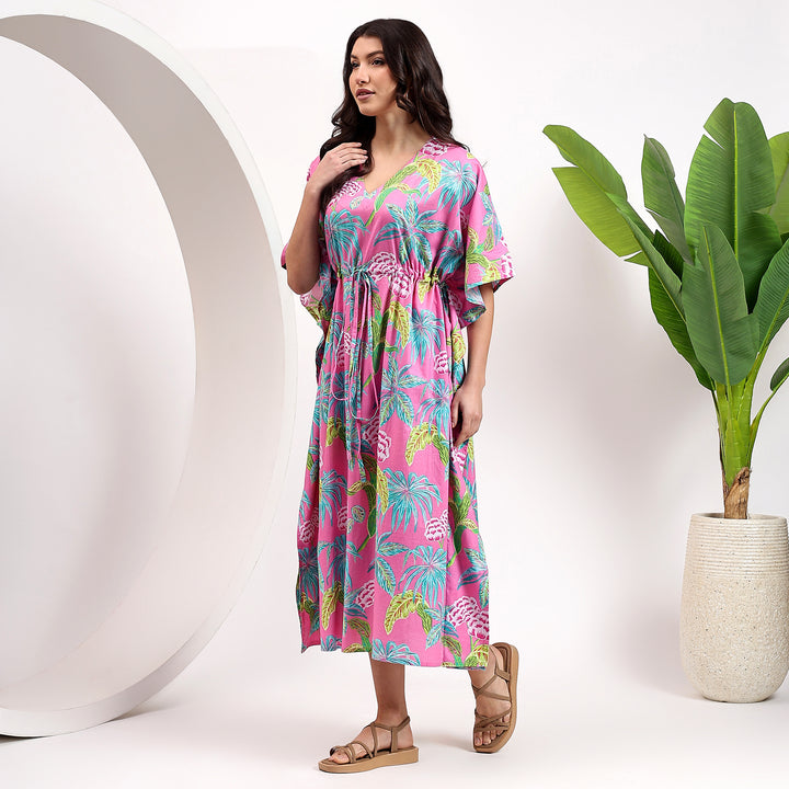 Hand block printed kaftan – floral cotton caftan for women