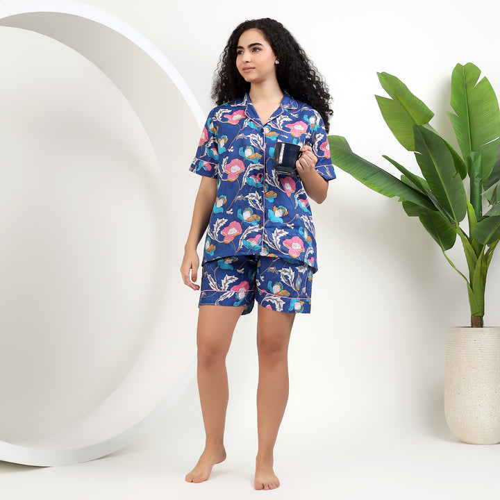 Floral cotton button up blue pajama shorts set plus size sleepwear