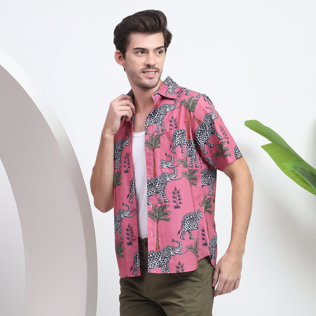 Side view of the men’s lightweight Cuban collar shirt in a bold animal-inspired print