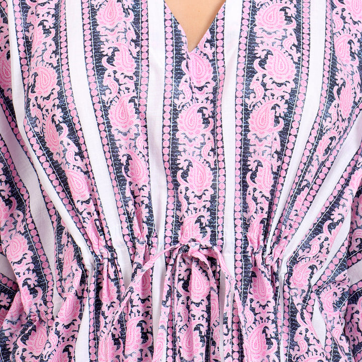 Close-up of waist tie-up detail on a women's plus-size kaftan dress in striped cotton fabric for added comfort and style