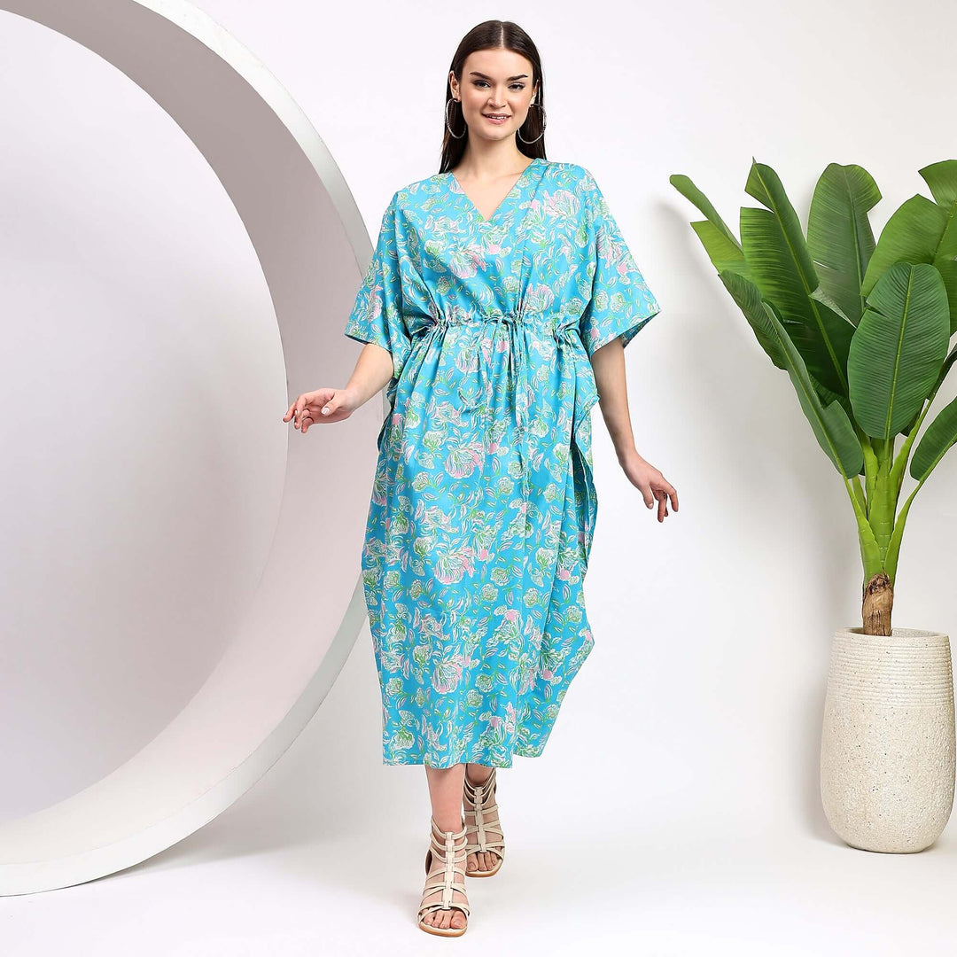 Handnade Cotton Kaftan – Indian Block Print Caftan Dress S / 52 Inches / Blue