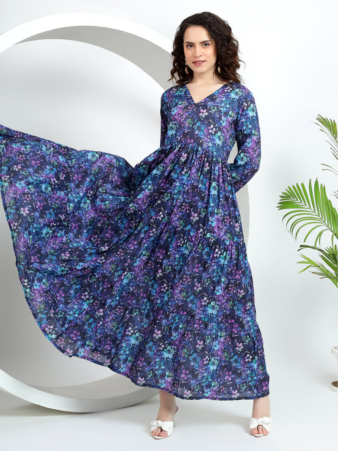 pink blue floral maxi dress for women