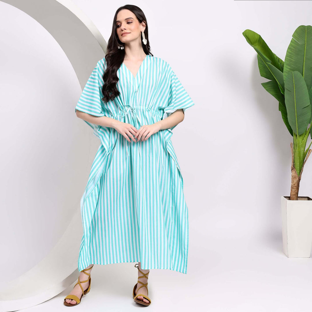 Block Print Cotton Kaftan – Stripe Prints Maxi Dress Caftan L / Orange / 48 Inches
