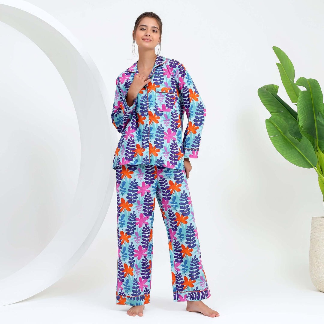 Model wearing Handmade Indian Pajama PJ Set featuring colorful tropical leaf print design.