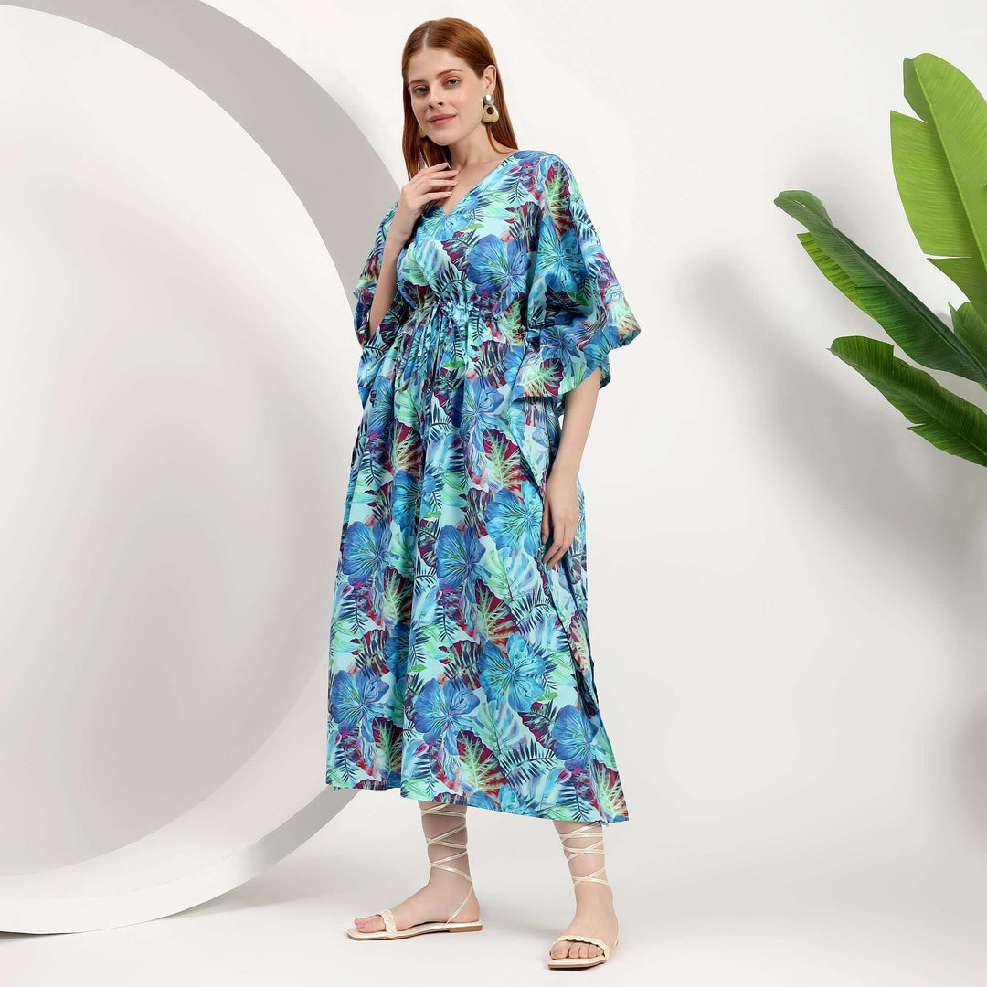 Tropical Floral Print Caftan Dress for Women | Cotton Moroccan Kaftan Indolibas XXL / 44 Inches Tropical Floral Print Caftan Dress for Women | Cotton Moroccan Kaftan Indolibas XXL / 44 Inches