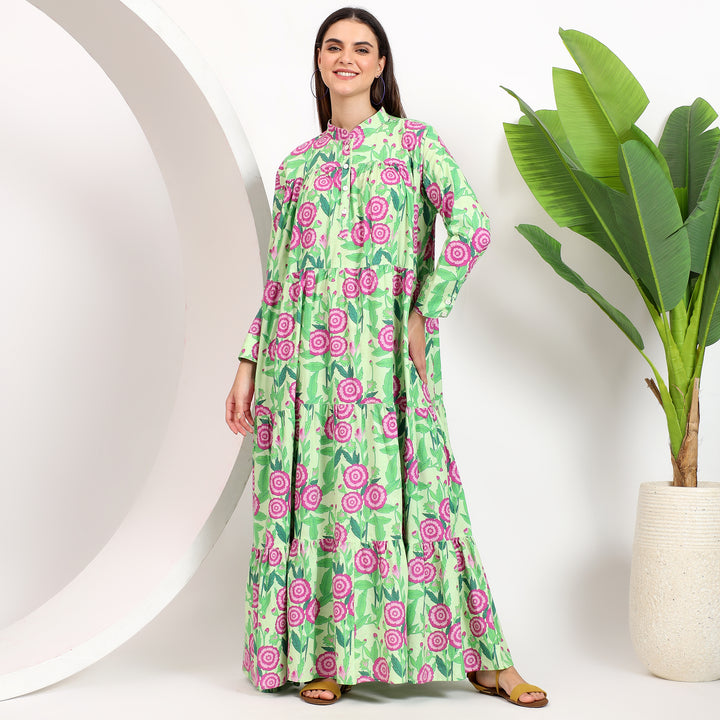 Full-length modest dress with timeless floral design and button detail