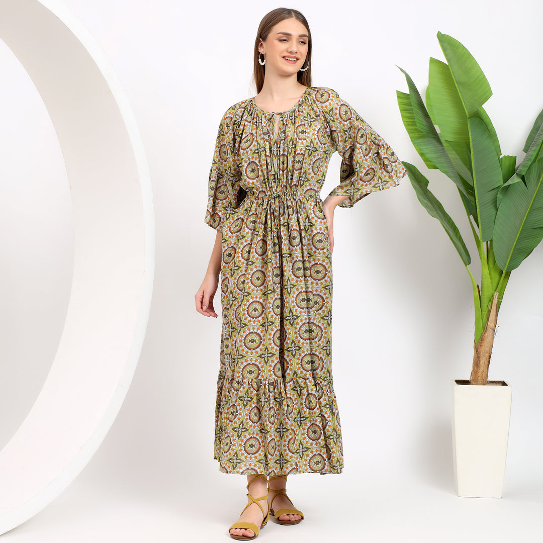 Claudia Mustard Handblock Cotton Maxi Dress showcasing the front design with intricate handblock prints in mustard tones.