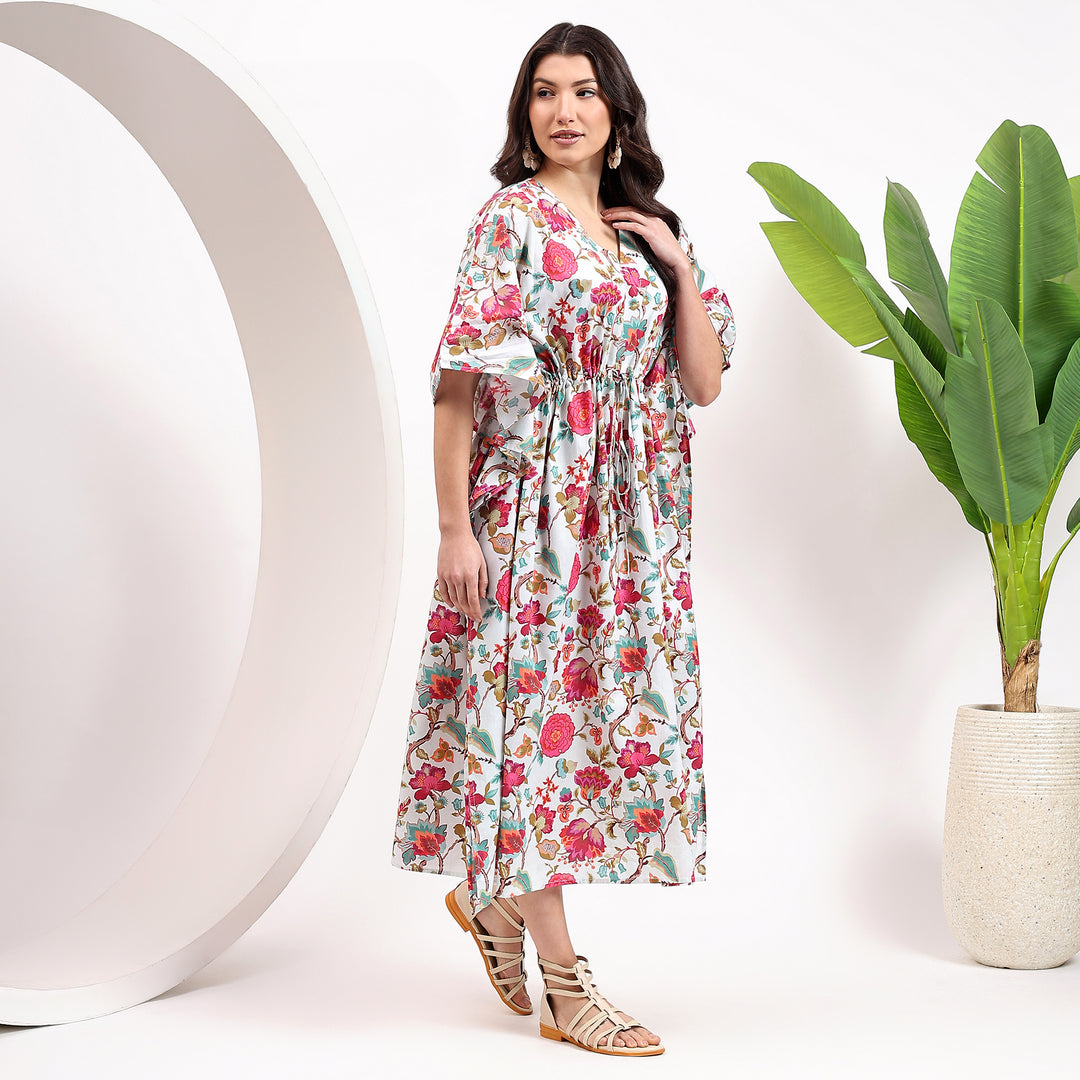 Long cotton kaftan abaya with floral print