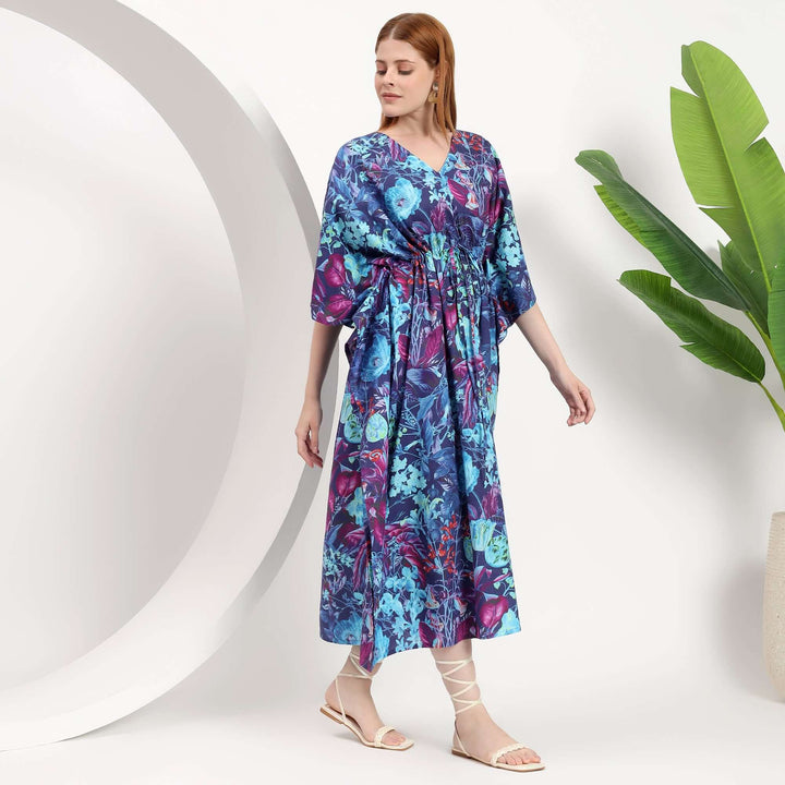 Floral abaya wholesale featuring a vibrant floral design caftan dress, perfect for boutiques and modest wear collections.