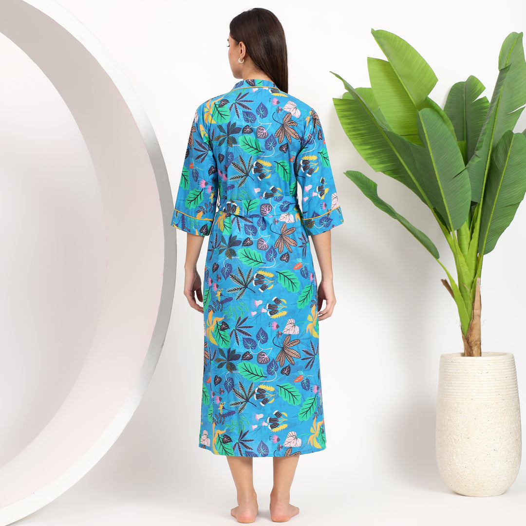 Breezy blue floral kimono robe, ideal for vacation and summer wear