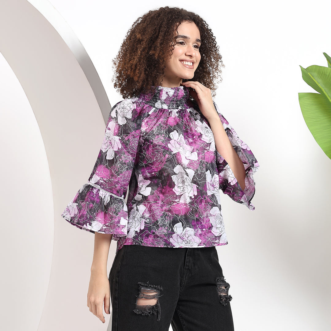 Full-length view of the purple top, ideal for casual outings or workdays.