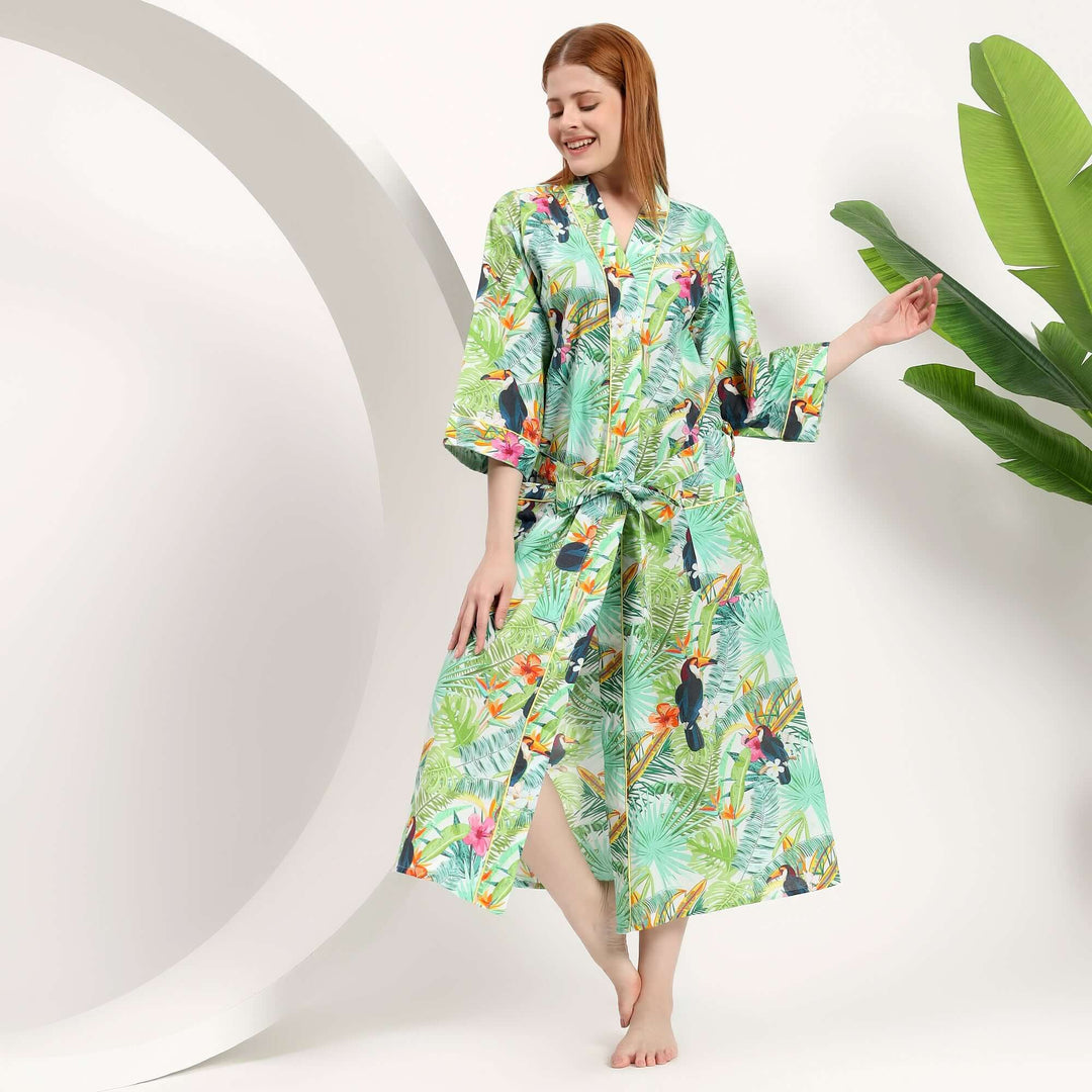 bird print cotton kimono robe wholesale model wearing tropical design lightweight robe