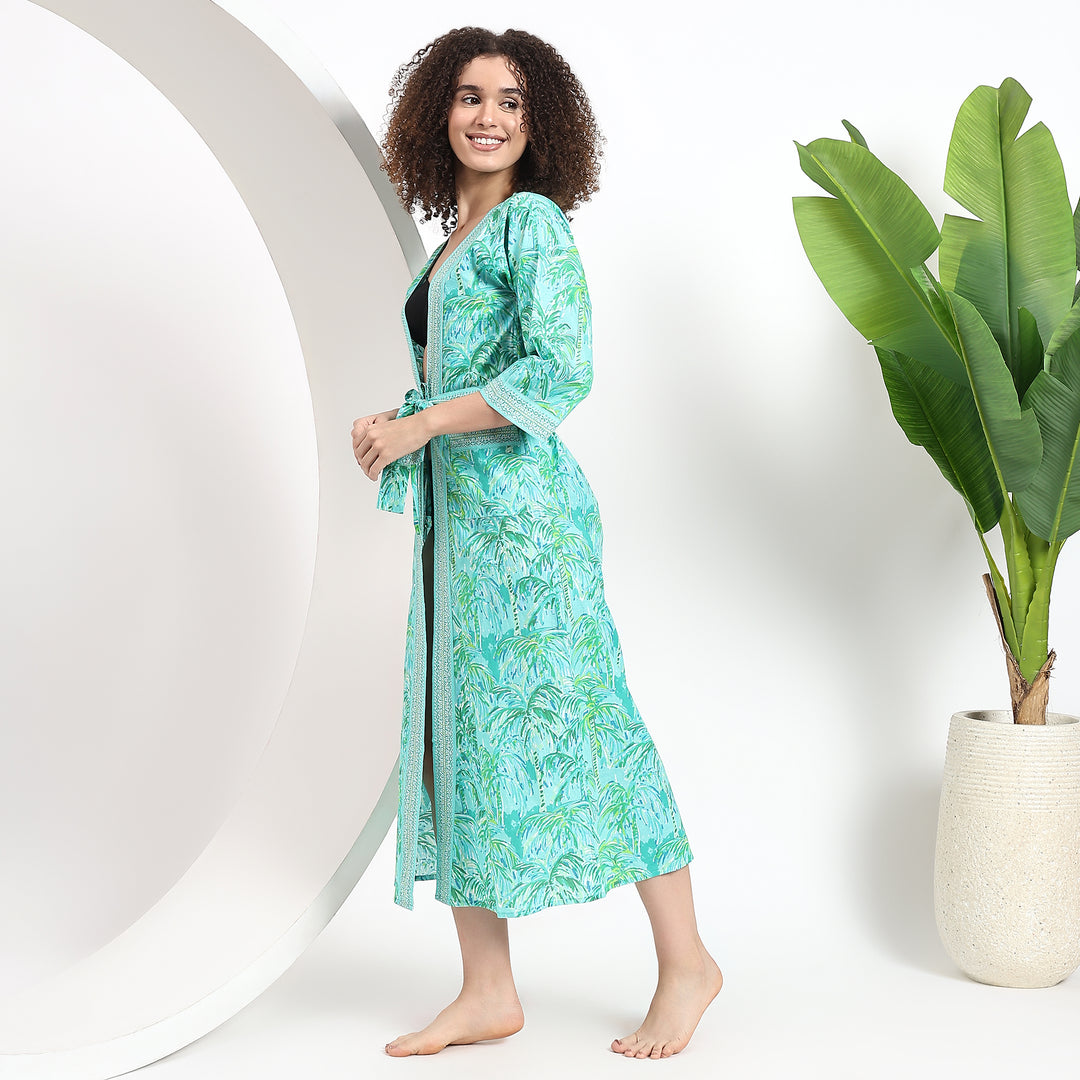 Hawaiian-inspired kimono with tropical motifs for a laid-back feel