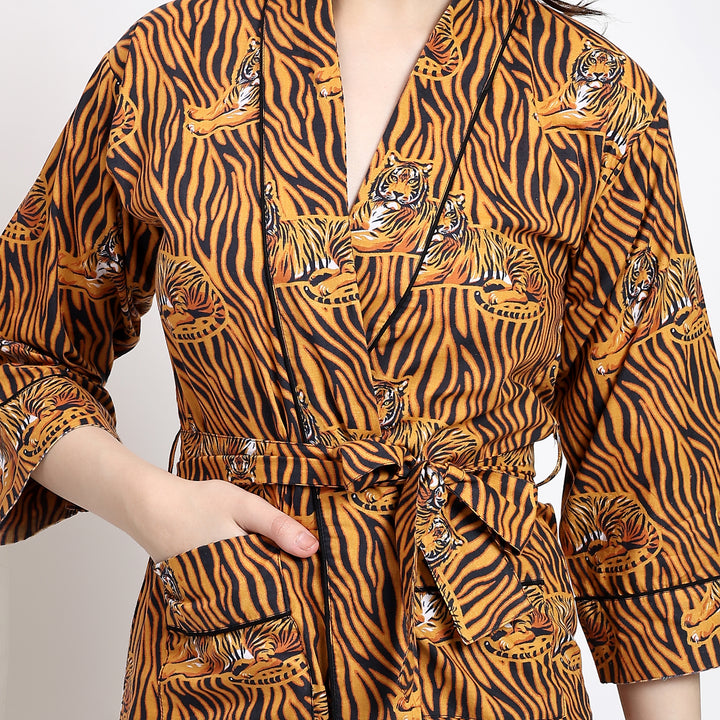 V-neck nighty with smooth fabric and bold animal print details