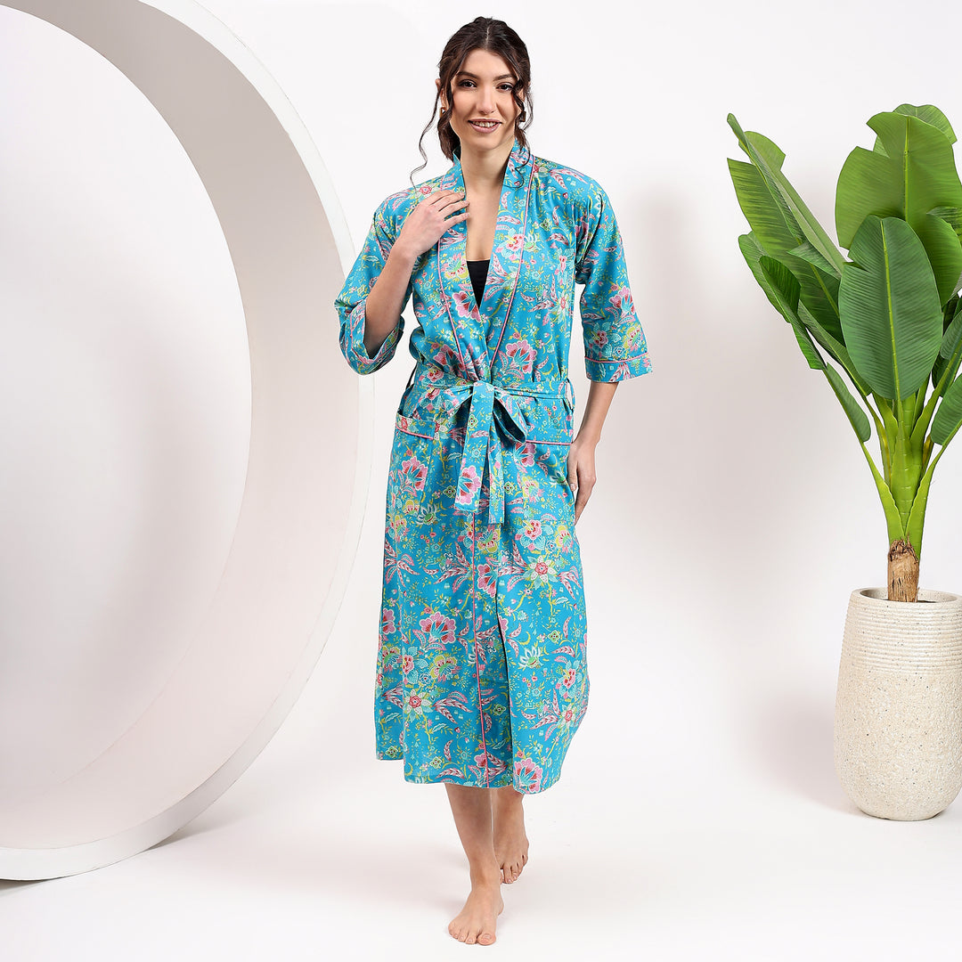 Oversized Kimono Robe – Floral Block Print Cotton Dressing Gown 4XL / Blue