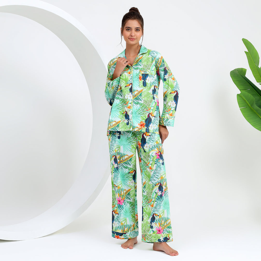 80-gsm-44-inch-fabric-green-botanical-avian-pattern-sleepwear