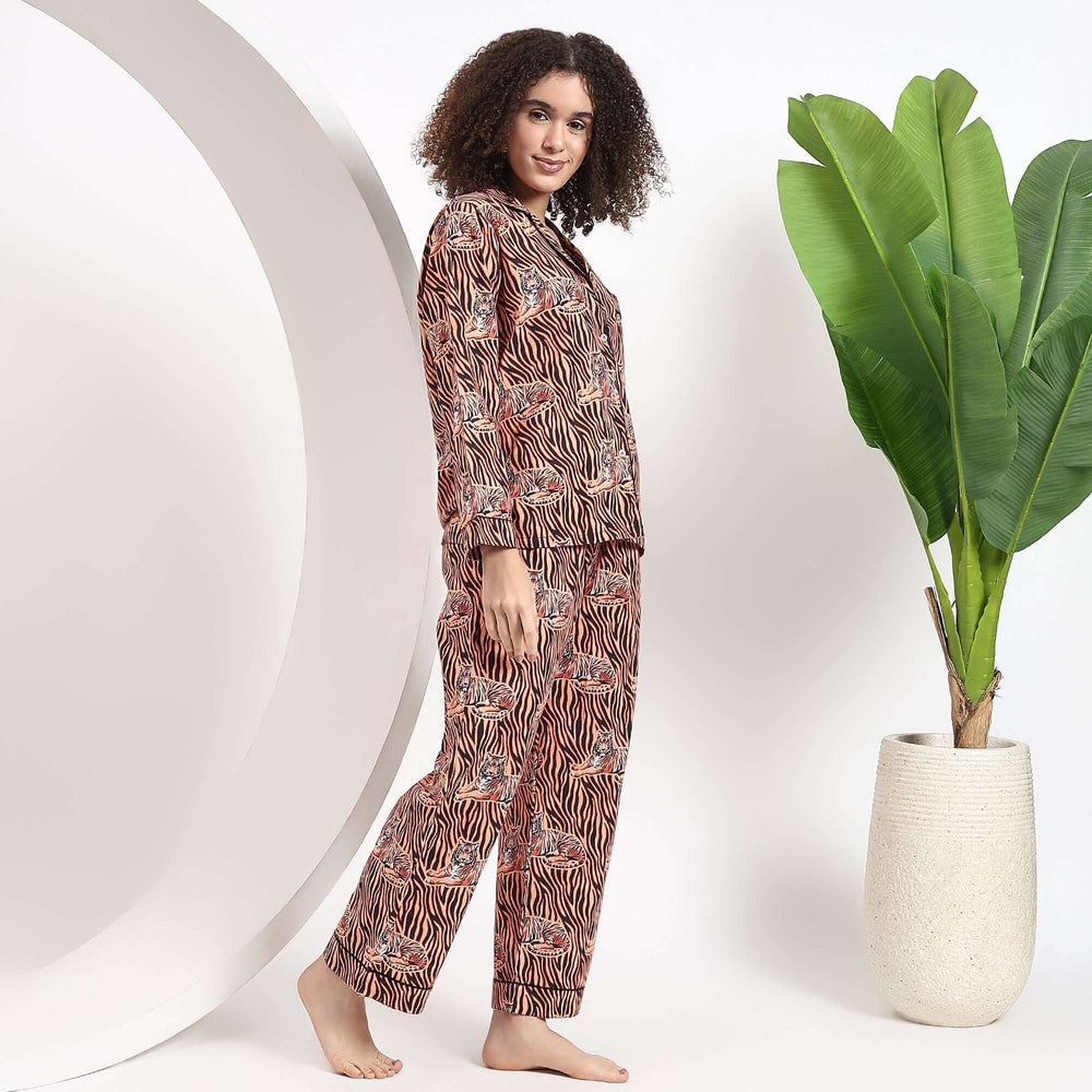 Tiger print cotton pajama set – animal print PJs for women