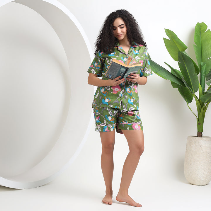 Green botanical print cotton pajamas for women XS to 4XL