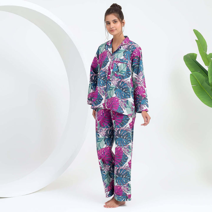 Women's pjs set matching loungewear set tropical print indian cotton
