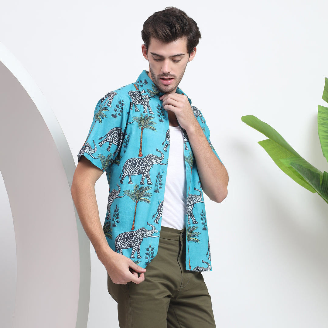 Cool and comfortable blue elephant print shirt, perfect for warm weather