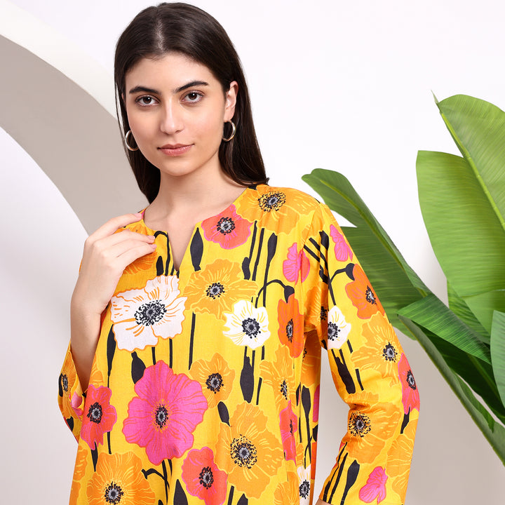 Yellow Blooms: Floral Midi Dress with Flirty Side Cuts