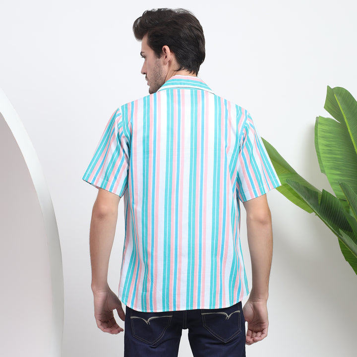 Back view of the stylish men’s shirt featuring alternating blue and white stripes for a timeless look