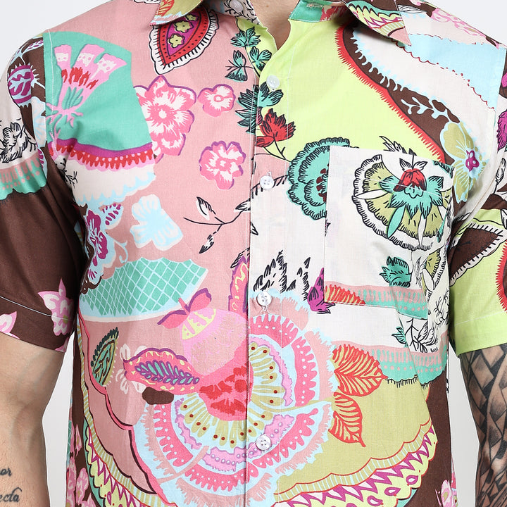 Close-up of the vibrant tropical design on a men’s button-down shirt