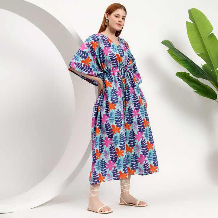 Flowy kaftan dresses floral leaf print tropical floral print caftan