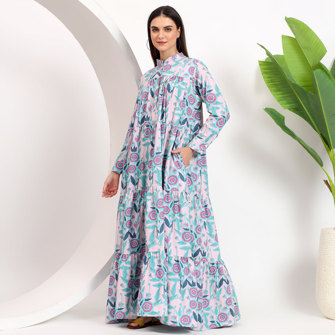 Floor-length floral cotton dress with long sleeves and convenient side pockets