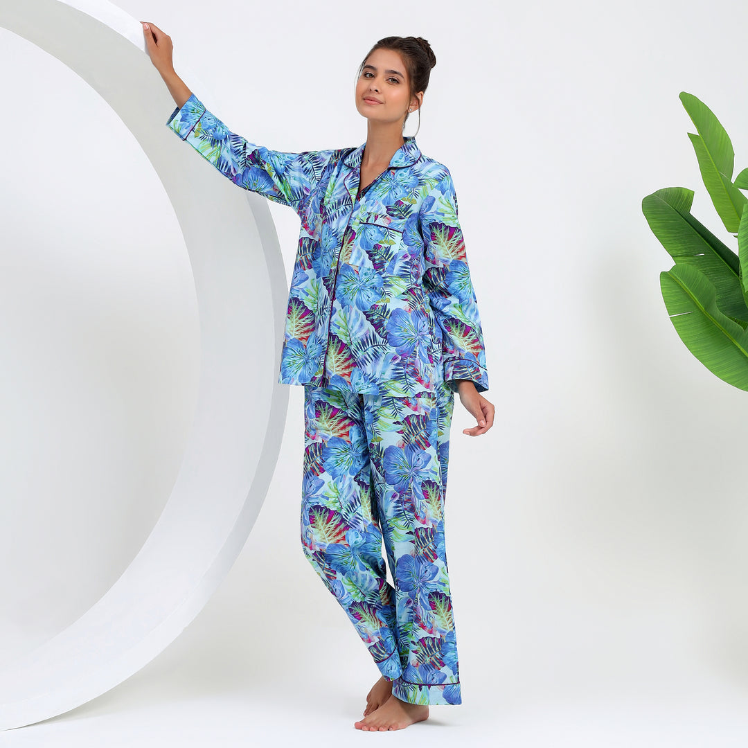 Wholesale blue cotton PJ set with tropical pattern