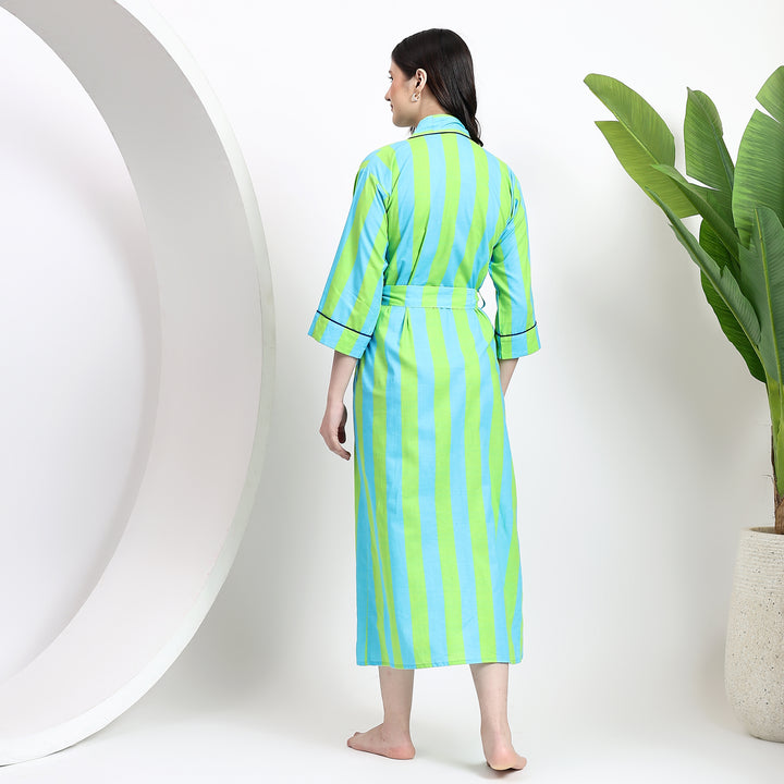 Back view of green striped nightgown with waist tie and long sleeves