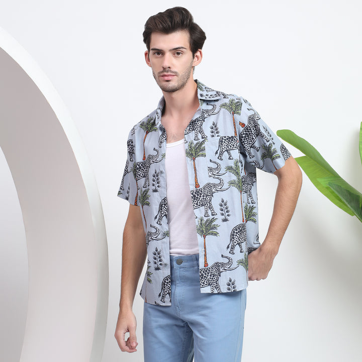 Tropical jungle elephant print shirt with vibrant colors for guys