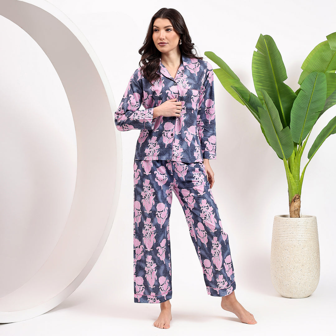 Matching indigo cotton pajama set – block print women’s PJs