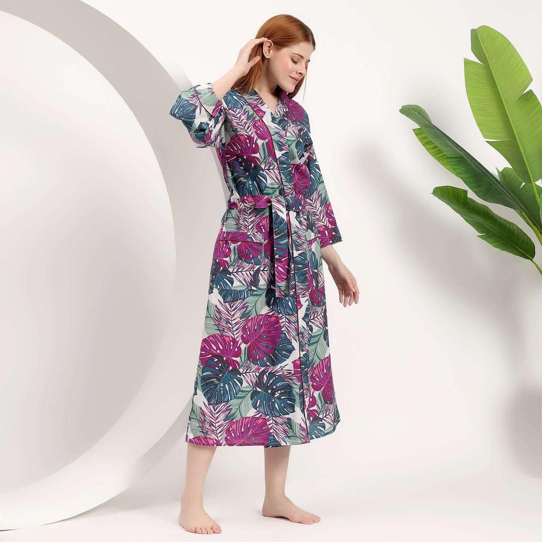 Tropical leaf print kimono robe for women worn as abaya caftan